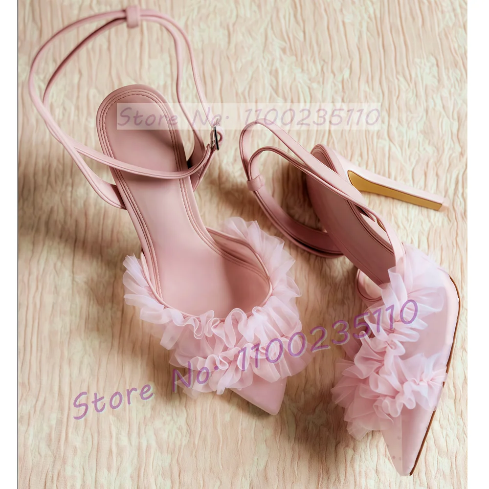 

Pink Ruffle Mesh Ankle Strap Sandals Women Sweet Tulle Pointy Toe Party Flower Shoes Summer Luxury Lovely High Thin Heels Shoes