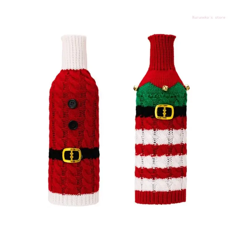 

2Pcs Christmas Stripes Knitted Wine Bottle Protectors for Home & Party