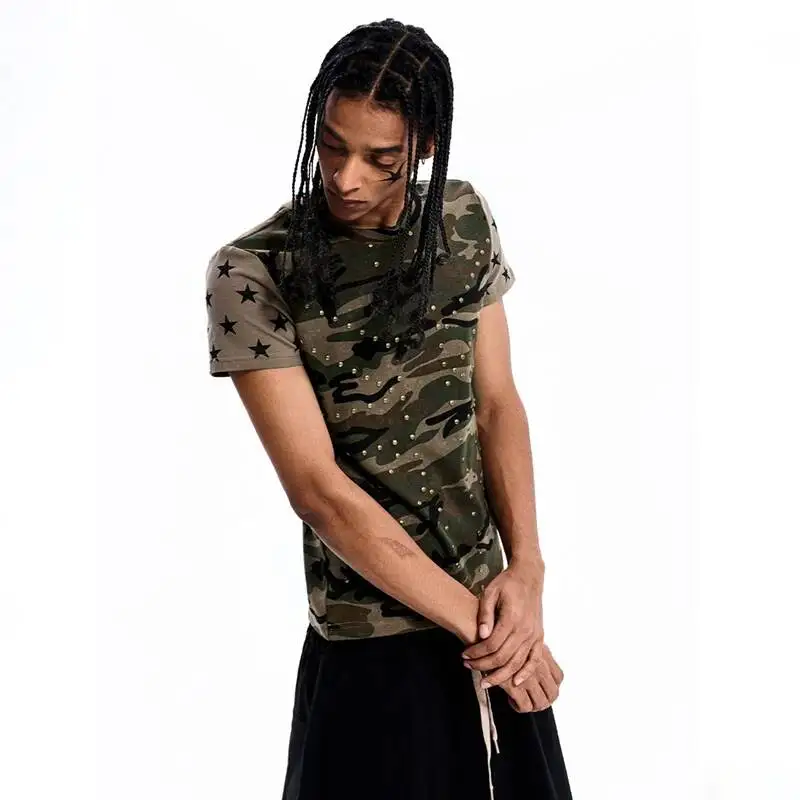 LUZHEN Pentagram Printed Splicing Short Sleeve 2026 Summer Camouflage Round Neck T-shirt Men's Stylish Handsome Male Tops JY7466