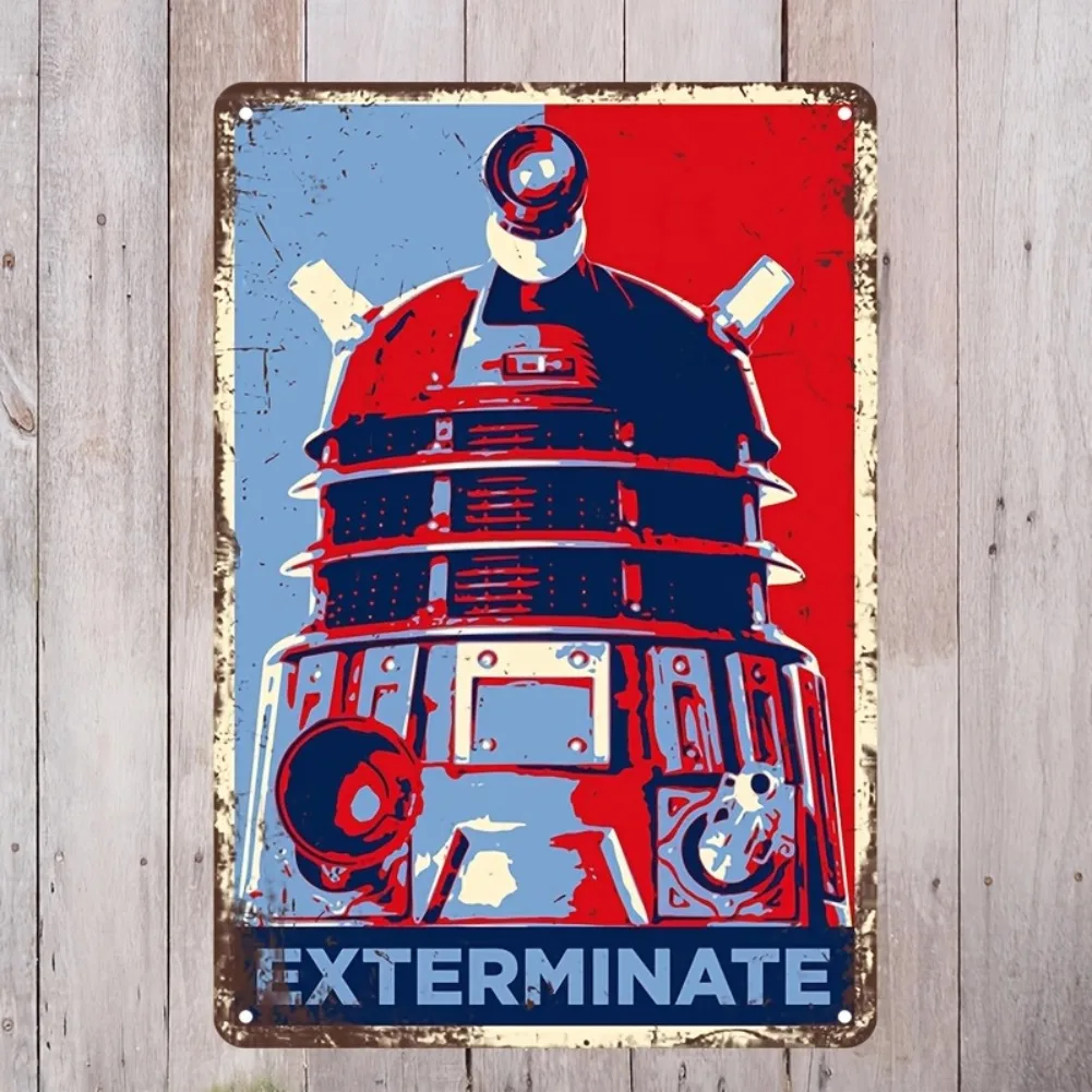 Letrero de Metal Dalek Exterminate de 7,8 "x 11,8", decoración Vintage de hierro, diseño de madera rústica roja/azul Retro para cueva de hogar/hombre, 1 ud.