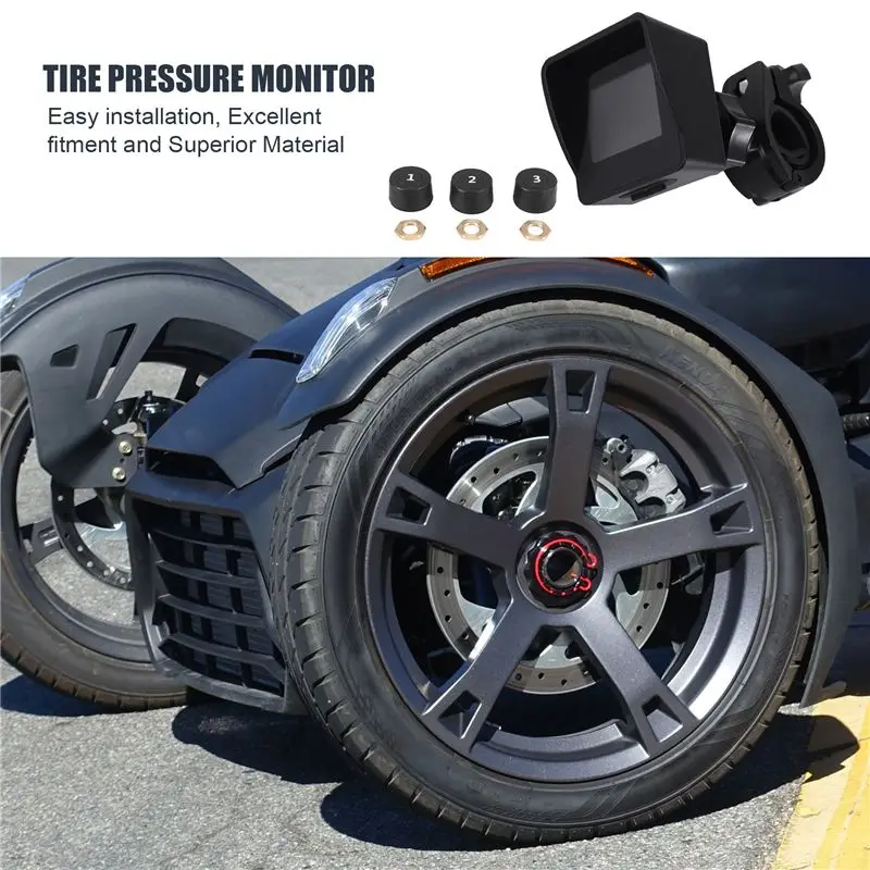 AU28-Solar Wireless Tire Pressure Monitoring System Motorcycle TPMS Tire Pressure Monitor LCD Display 3 External Sensors