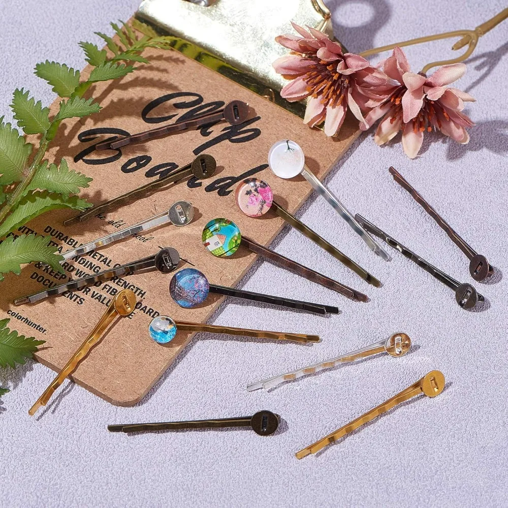 50 Sets 5 Colors Hair Bobby Pins 50pcs Clips Tray  Pins Setting Blank Bobby Pins Base and 50pcs Glass Cabochons