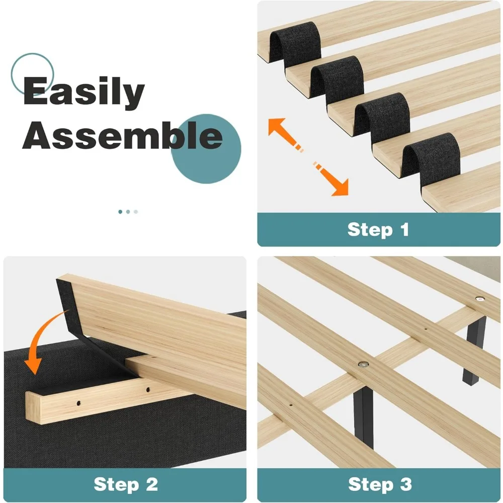 Estructura de cama tapizada con soporte de listones de madera, no necesita somier, pies resistentes, fácil montaje