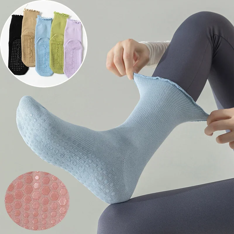

3 Pairs Solid Yoga Socks For Women Cotton Breathable Mid-calf Yoga Socks Pliates Sport Fitness Non-slip Grip Floor Socks Ruffle