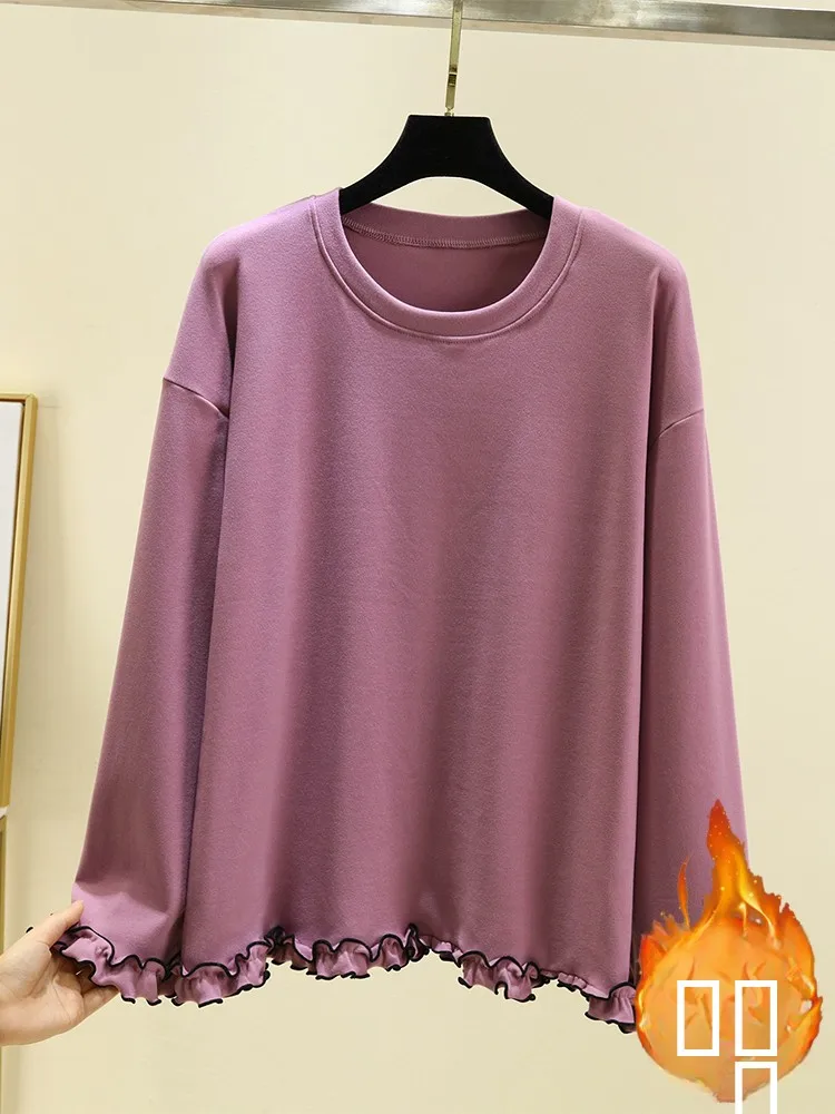 

Thiened Long Sve T-irt Women's Winter Loose Fit Fce Lined round Ne Spwear Top Large Size Pleated