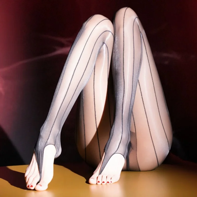 Morden Line Open Toes Pantyhose Ladies T Crotch Aurora Shiny Footless Tights Retro Vertical Stripes 3D Ultra-thin Stockings