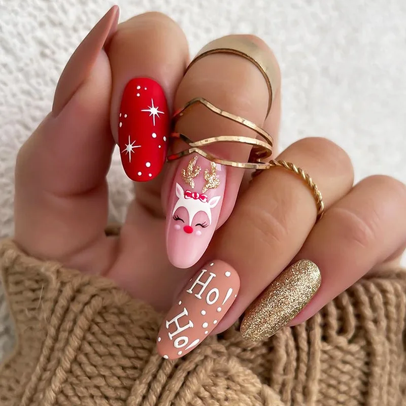 

24pcs Oval Head Christmas Deer False Nails Shiny Gold Glitter Press on Nails Full Cover 2025 New Year Manicure Fake Nail Tips