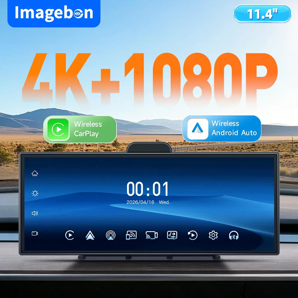 Imagebon 11,4" 4K Dashcam Kabelloses CarPlay & Android Auto 5G WiFi Bluetooth GPS-Navigation KI-Sprachsteuerung Smart Screen DVR