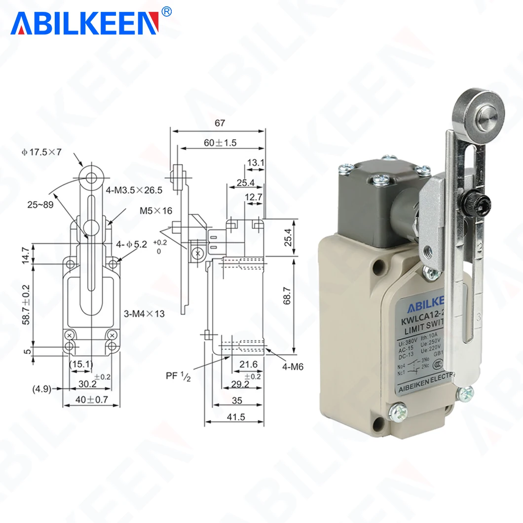ABILKEEN KWLCA12-2-Q Roller Swing adjustable Arm Travel Limit Switch 2NO+2NC Terminal 250V 10A Sensitive Momentary Limit Switch