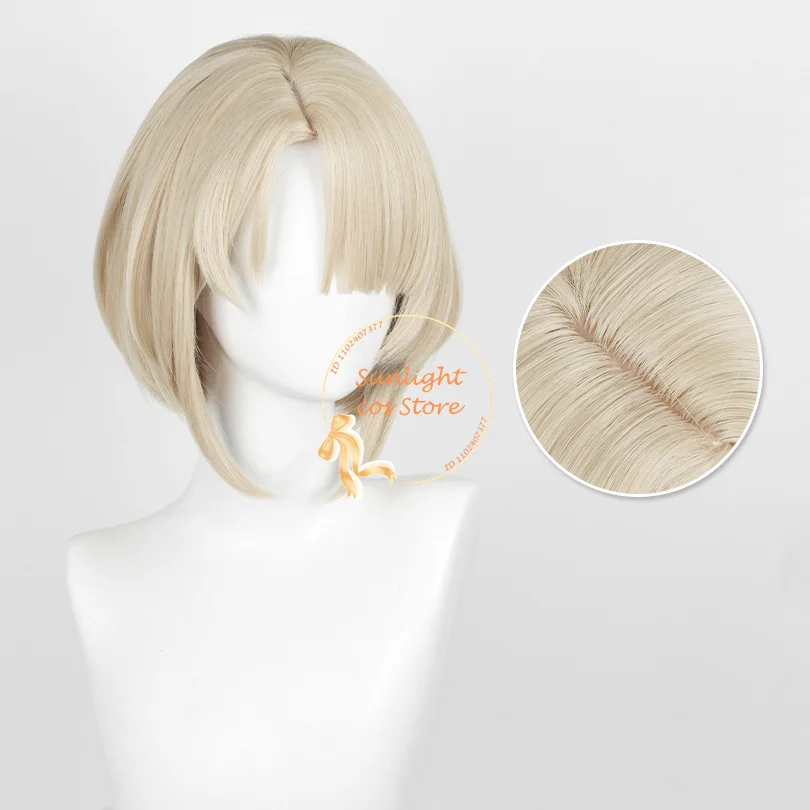 Freminet Cosplay Perücke 30cm kurze hellbeige Gold Perücke simulierte Kopfhaut Frauen Anime Perücke hitze beständige synthetische Haar Perücke Kappe