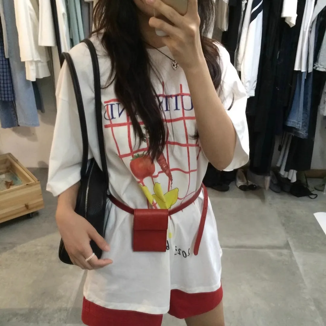 2025년 여름 캐주얼 슬리 여성 티셔츠 프린트 루즈핏 라운드 넥 면 100% 재미있는 채소 패턴 탑