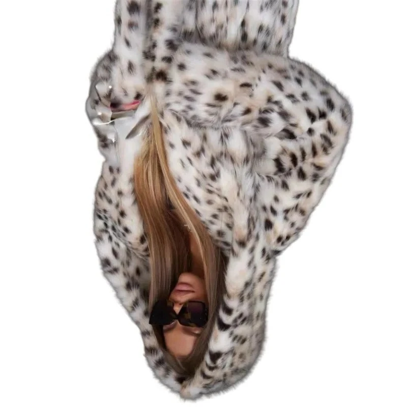 Winter Women's Leopard Print Hooded Faux Fur Coat Fluffy Jacket Long Coat Thicken Warm Mink-Fleece Fur Trench Coats High Quality