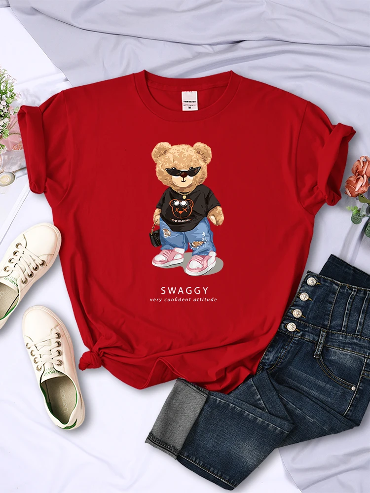 Teddy Bear Goes Out,be Confidence Be Positive Funny Printed T-Shirt Women Fashion Casual Short Sleeve Breathable Summer Tshirt