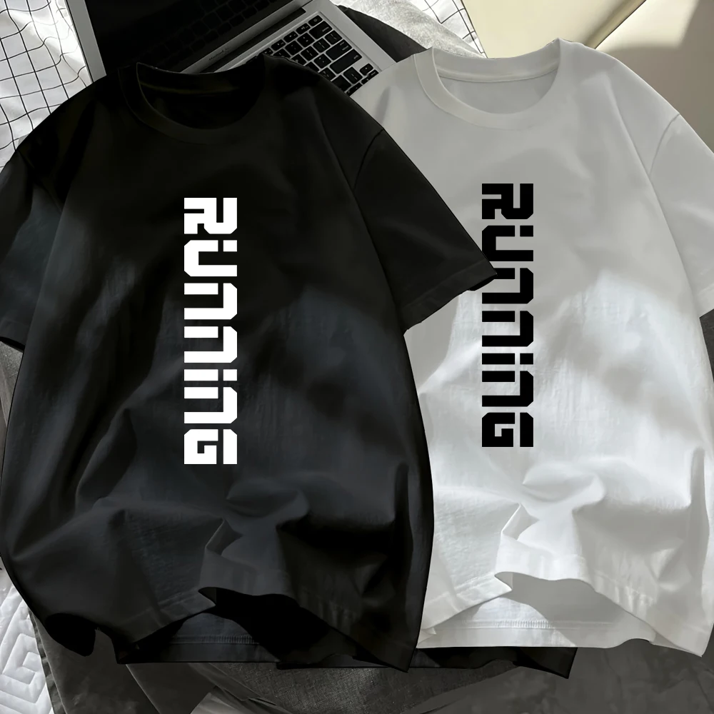 

Мужские футболки с принтом Running Letter, хлопковые, летние, мягкие, оверсайз, черно-белый комплект, топы с круглым вырезом, короткий рукав, повседневная одежда