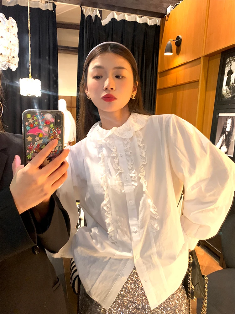 

White Lace Long Sleeve Women's Shirt 2025 New Design Sensation Wood Grain Cotton Blend Bubble Sleeve Commute Style Shirt