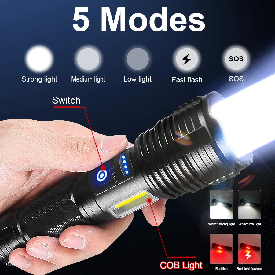 2024 Super Long Range Tactical Torch High Power LED Flashlight USB Rechargeable Strong Light Outdoor Portable Fishing Flashlight