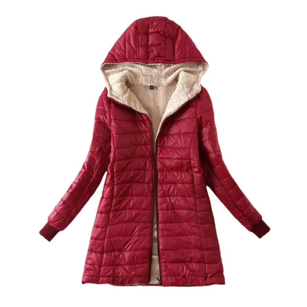 

Coat Hooded Coat Plush Lining Solid Color Zipper Closure Slim Cardigan Keep Warm Casual Wear Autumn Winter Mid-length Jacket