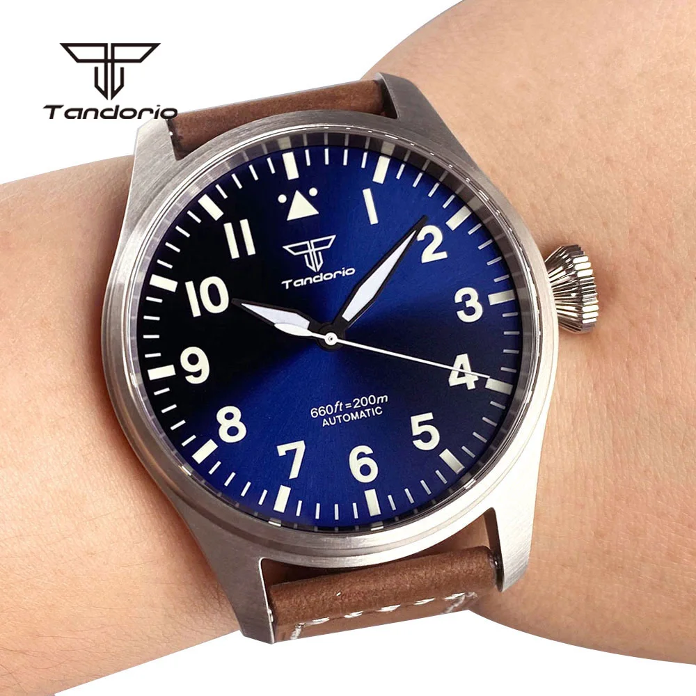 

Tandorio 43 мм Big Pilot мужские автоматические часы из нержавеющей стали 20BAR NH35/PT5000 сапфировые светящиеся модные наручные часы для дайвинга