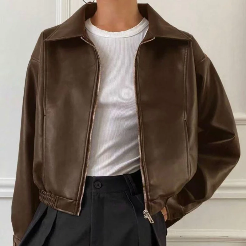 Street PU Leather Women's Jacket Long Sleeve Turn-down Collar Zipper Female Coat 2025 Autumn Fashion Lady Short Biker Jackets