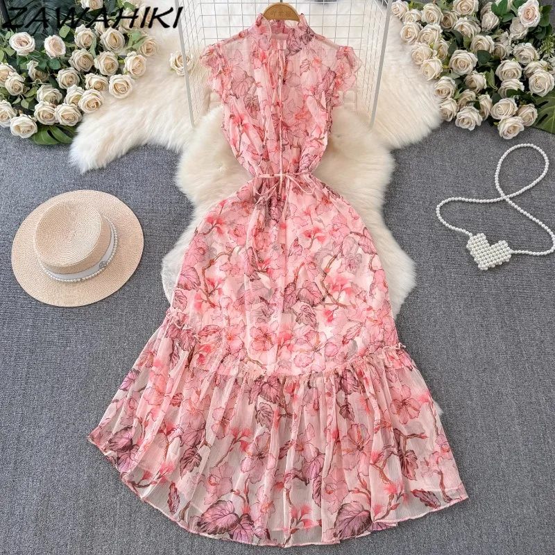 Vintage Women's Dress Temperament Floral Ruffles Vestidos Chiffon Pleated Patchwork Femme Robe Bandage Office Lady Ropa Mujer