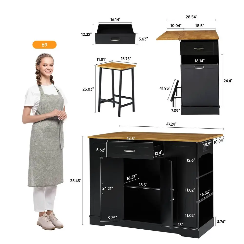 Stationary Kitchen Islands Include 2 Chairs, 47 Kitchen Island With Drop Leaf, …