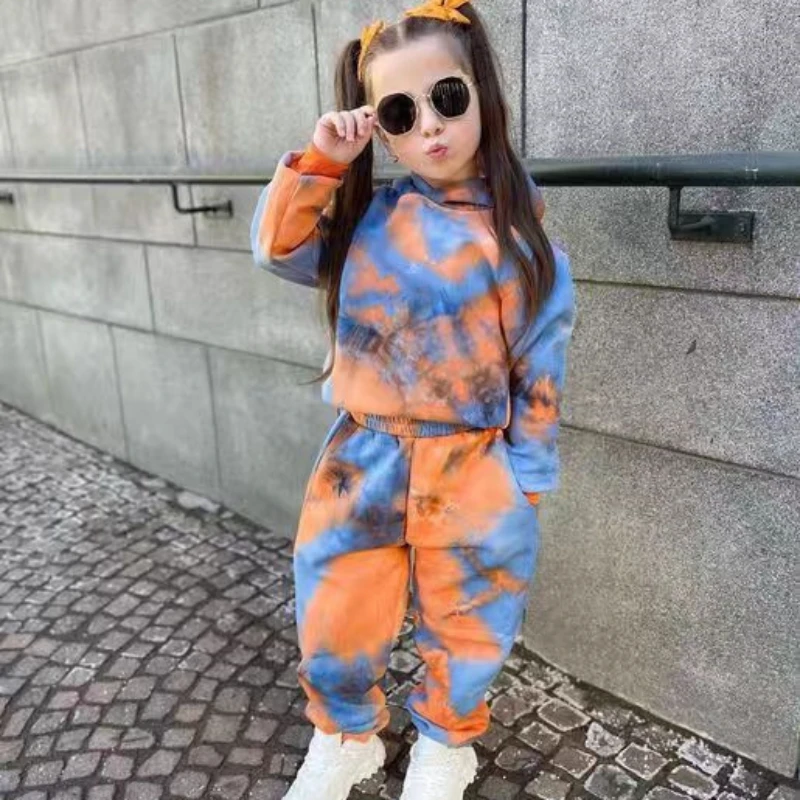 1-8years Autumn Baby Girls Clothes Autumn Children\'s Clothing Sets Tie Dye Long Sleeve Hooded Shirt+Sport Pants Toddler Kids