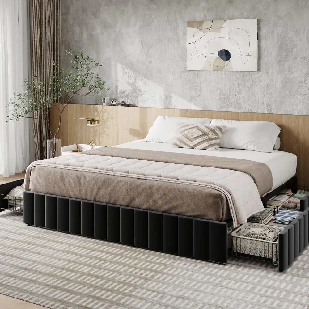 King Size Bed Frame With Storage Drawers - King-Size-Plattformbettgestell mit 4 großen Aufbewahrungsschubladen, vertikal
