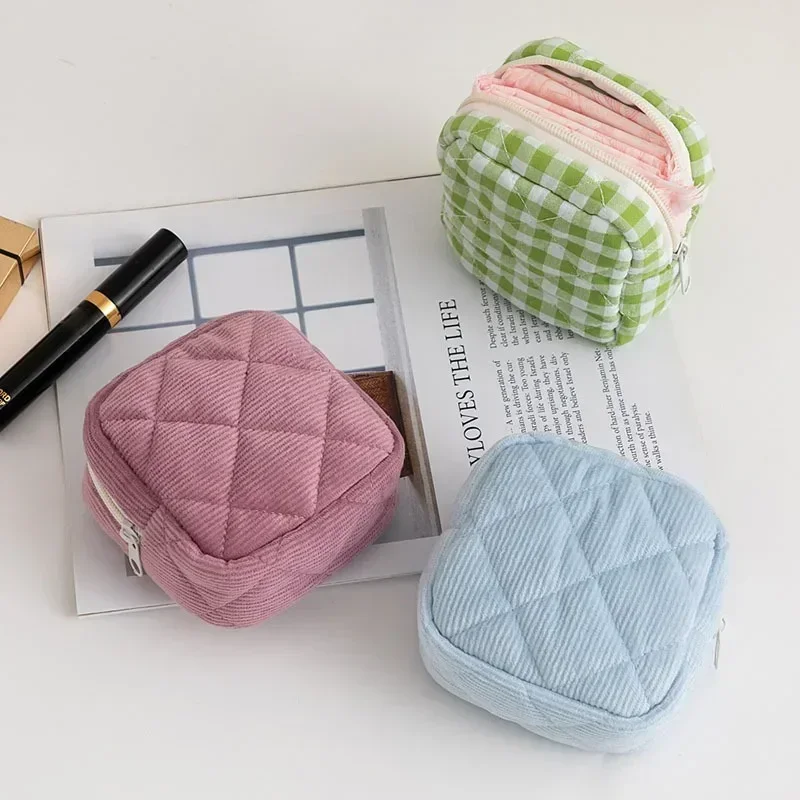 

Corduroy Cosmetic Bag Plaid Lipstick Storage Bag Quilted Cotton Earphone Data Cable Storage Bag