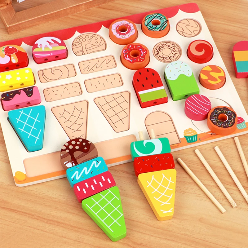 Drewniany zestaw do lodów, donuty lodowe i ciasteczka do zabawy w gotowanie w kuchni i interakcji rodzic-dziecko