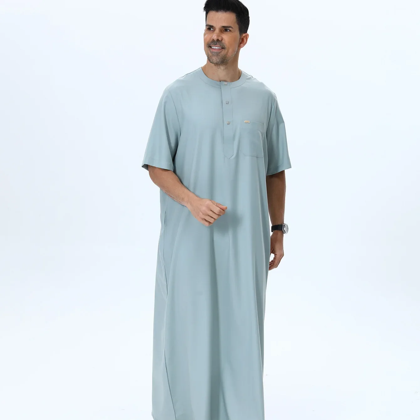 

Men's Muslim Islam Men Short Sleeve Round Collar Robe Ramadan Eid Jubba Thobe Dress Arabic Kaftan Turkey Caftan Pakistan Thawb