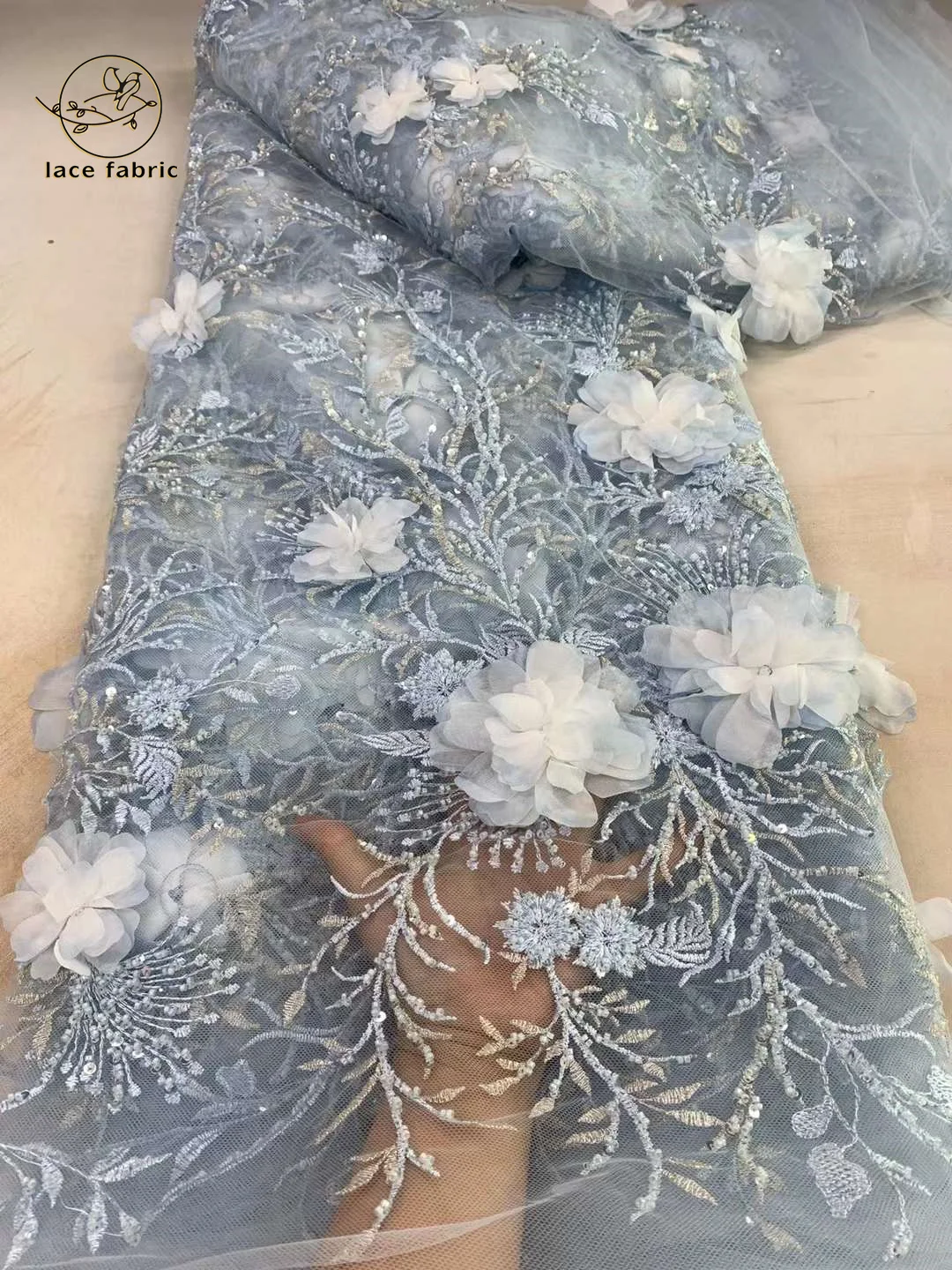 

2024 Luxury African Lace Fabric High Quality Groom Embroidered 3D Flower Sequin Tulle Lace Fabric For Sewing Wedding Party Dress