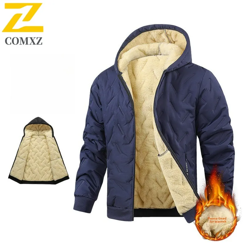 

Winter Thicken Padded Jacket Hooded Outdoor Sports Windproof Warm Cotton Coat Fleece Lined Middle Aged Soft Comfort Men Clothing