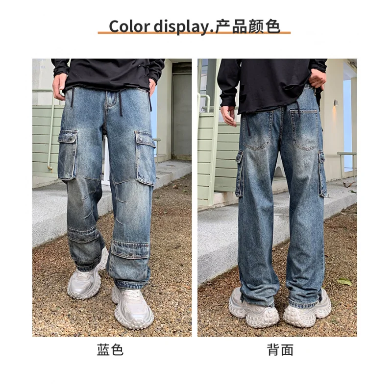 Jeans de motociclista high-end masculino com bolsos grandes, calça reta de trabalho, solta, de pernas largas, outono, rua alta, gangster, bonito