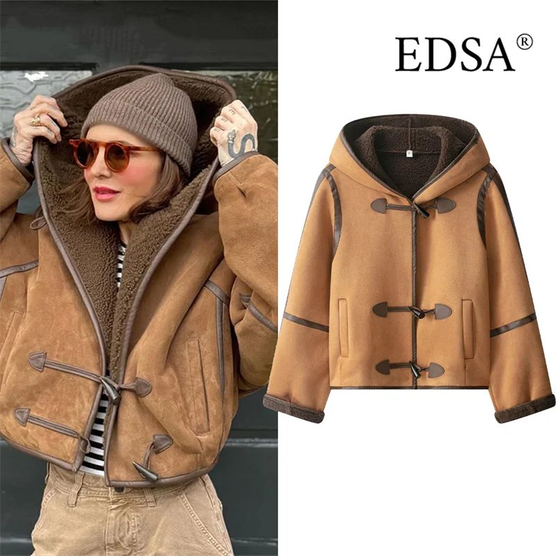 

EDSA Women Hooded Faux Fur Jacket Coat Loose Button Lamb Wool Full Sleeve Jacket 2025 Autumn Winter Warm Thicken Outwear