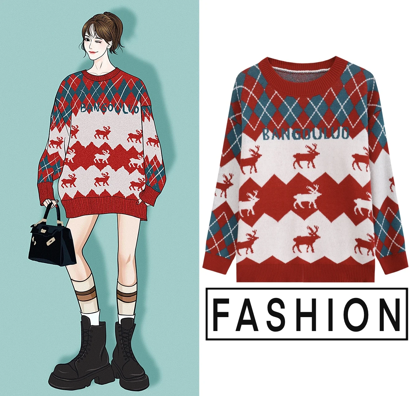 

Loose Autumn Winter Vintage Christmas Design Oversized Sweater Women Girls' Cute Thick Couples Knitted Pullover Cheap Wholesale