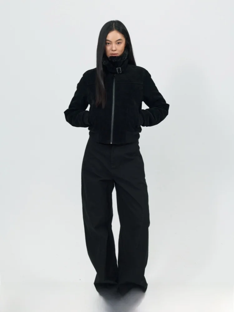 

Faux Fur Suede One-Piece Coat Stand Collar Body Fit Outerwear for Women Casual Sle Zipper Closure ort Length