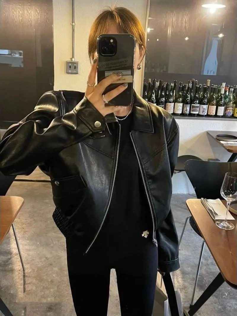 

Vintage Leather Jacket for Women Spring and Autumn New Short Versatile Trendy Jacket Top