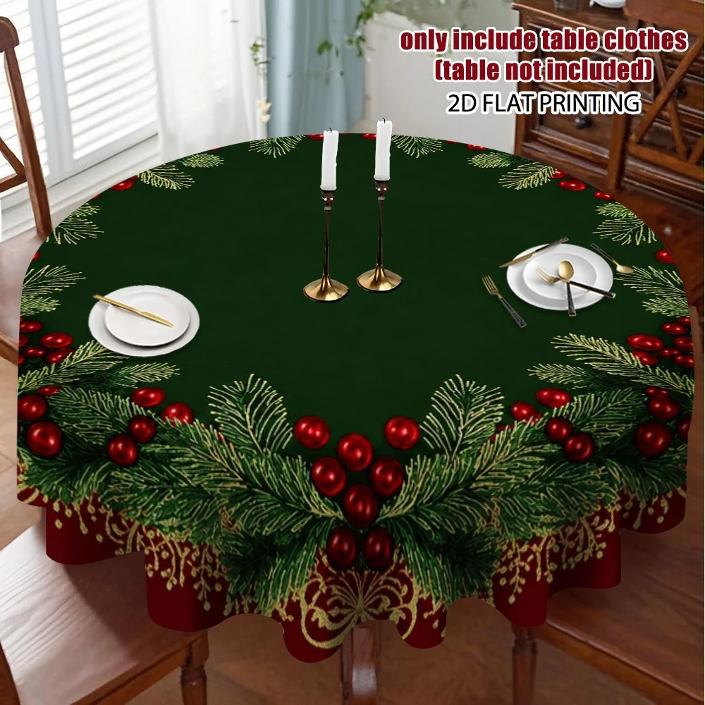 2D flat print, 1-piece Christmas wreath round tablecloth design to create desktop harmony and enhance dining enjoyment
