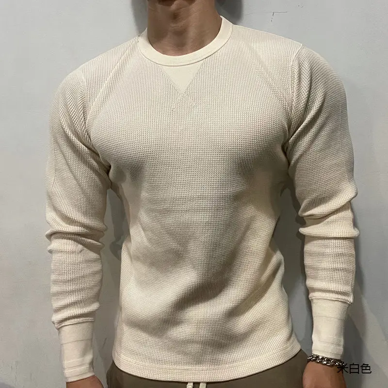 315g Fitness Sports Waffle T-Shirt Men Cotton Knitted Muscle Slim Fit Pullover Tops Leisure Round Neckline Long Sleeve Jumpers