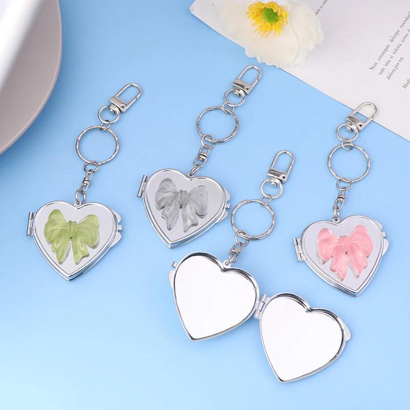

Sweet Heart Bow Folding Mirror Keychain Pendant Y2K Trend Metal Bow Car Keychain Bag Charm Decoration Girl Gift
