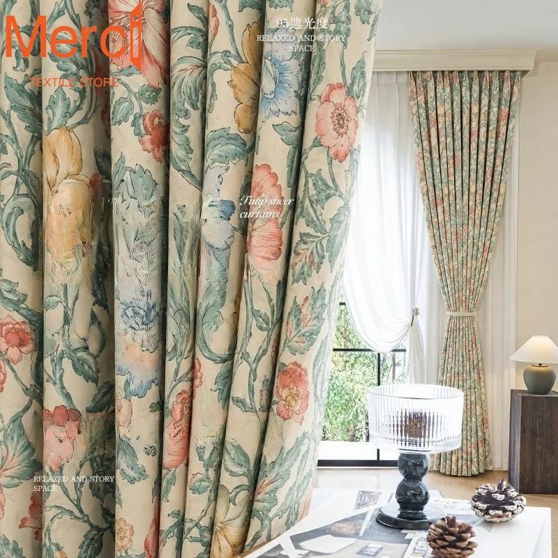 French Mid-century Style Curtains with Full Blackout Chenille Curtains for Living Dining Room Bedroom Custom Size Decoration
