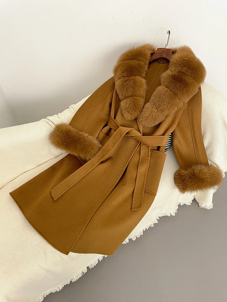 OFTBUY 2024 Winter Women Real Fox Fur Wool Blends Coat Elegant Jacket Water Ripples X-long Loose Turn-down Collar Outerwear