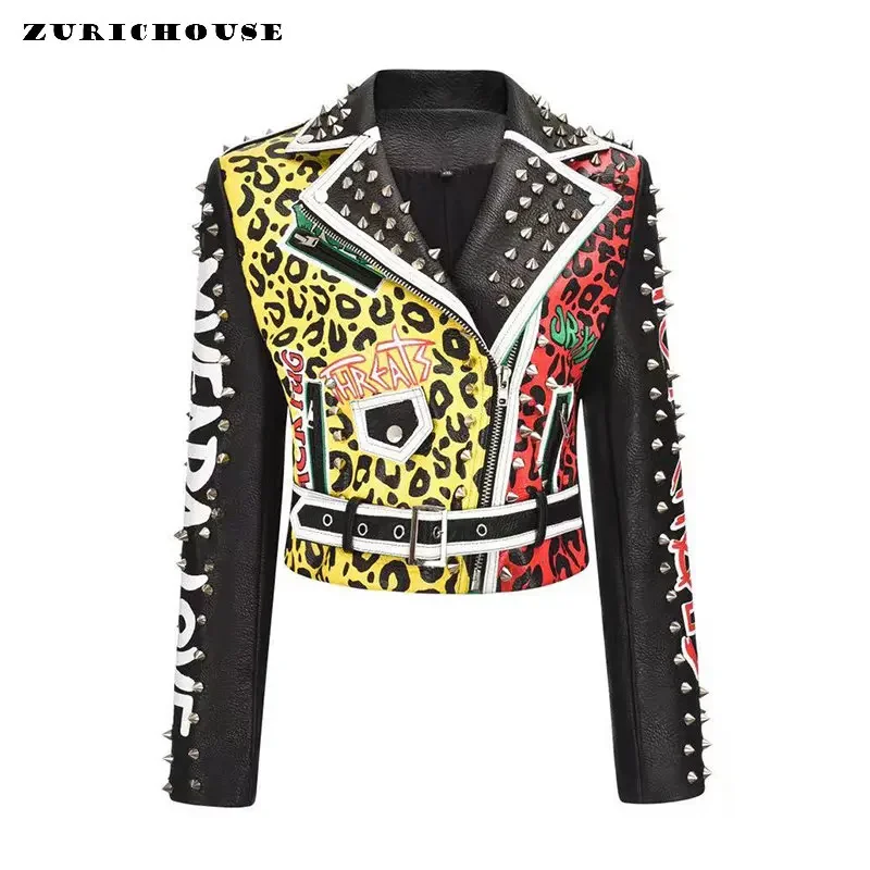 Blouson en similicuir femme, streetwear, slim, clouté, court, punk, fermeture éclair, imprimé léopard, pour moto, 2024