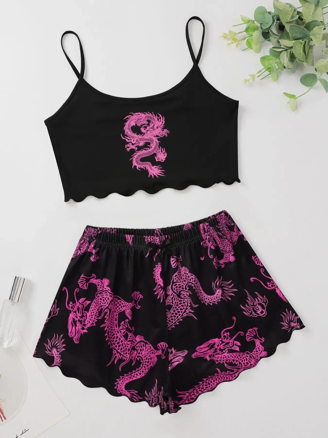 Women\'s 2pcs Cute Soft Comfy Dragon Print Pajamas Set Animal Sleepwear Sleeveless Shoulder Strap Nightgless Cute Top And Shorts