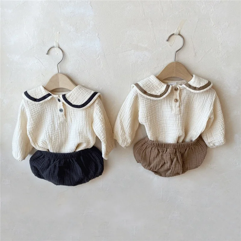 Spring Summer Romper Baby Boy Girl Clothes Set 0-24M Baby Cotton Linen Lapel Navy Style Long Sleeve Shorts Children Sets