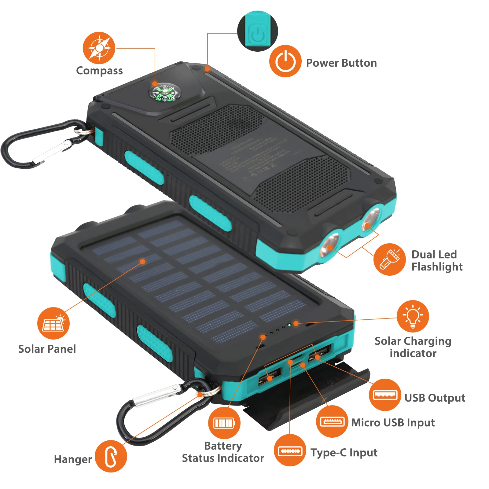 20000mAh شاحن بالطاقة الشمسية مقاوم للماء المحمولة بنك الطاقة الشمسية المزدوج 5 فولت منافذ USB 2 مصباح ليد جيب البوصلة للتخييم في الهواء الطلق Hik