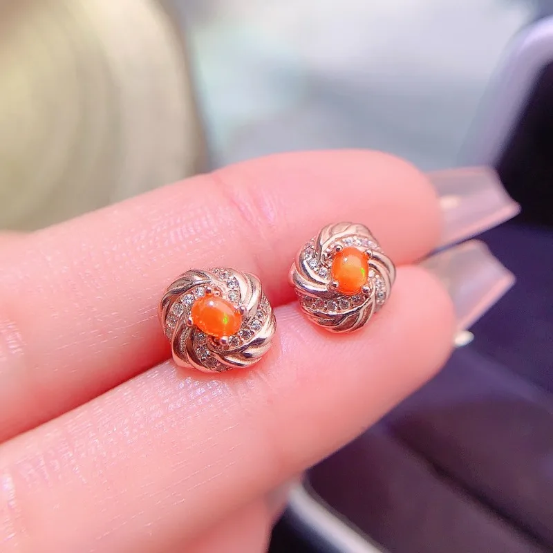 Opal Earrings Silver 925 Original Orange Fire Opal Stud Earrings 925 Sterling Silver Earrings for Women