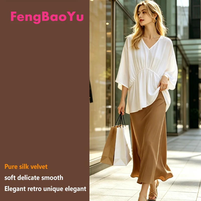Fengbaoyu Natural Silk Velvet Women's Blouse Batsleeve V-neck T-shirt Loose Large Size Casual Shirt Light Luxury Temperament