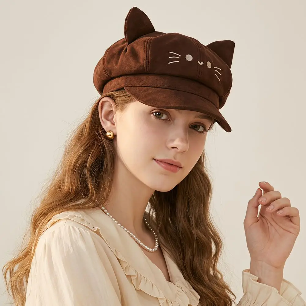 Sweet Embroidery Embroidered Cat Ears Beret Y2K Spice Girl Octagonal Hat Lollita Cute Newsboy Hat Daily