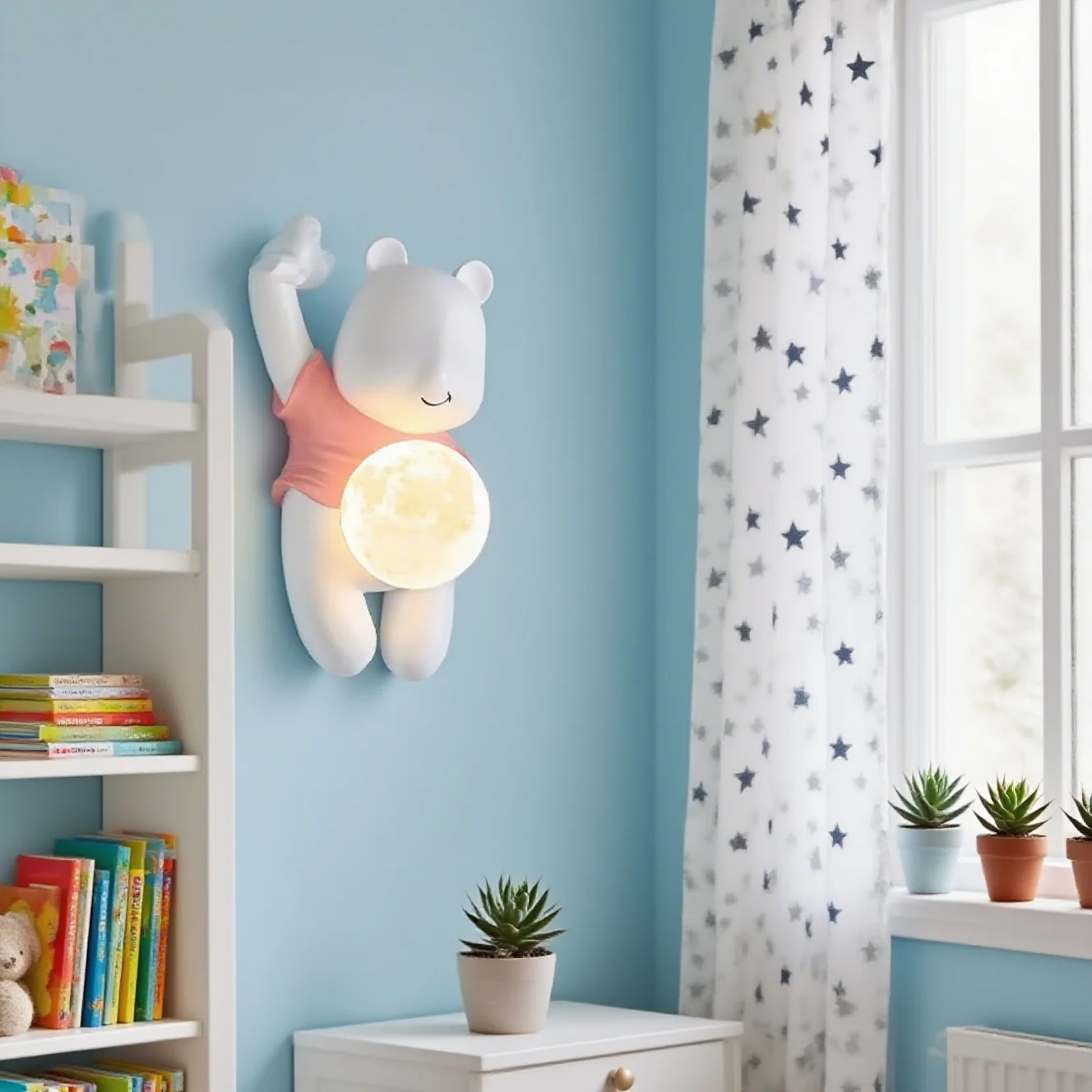 

SANDYHA Cute Little Bear Wall Lamp Nordic Style Resin LED Light Moon Glass Shade Perfect for Living Room Bedroom Lighting